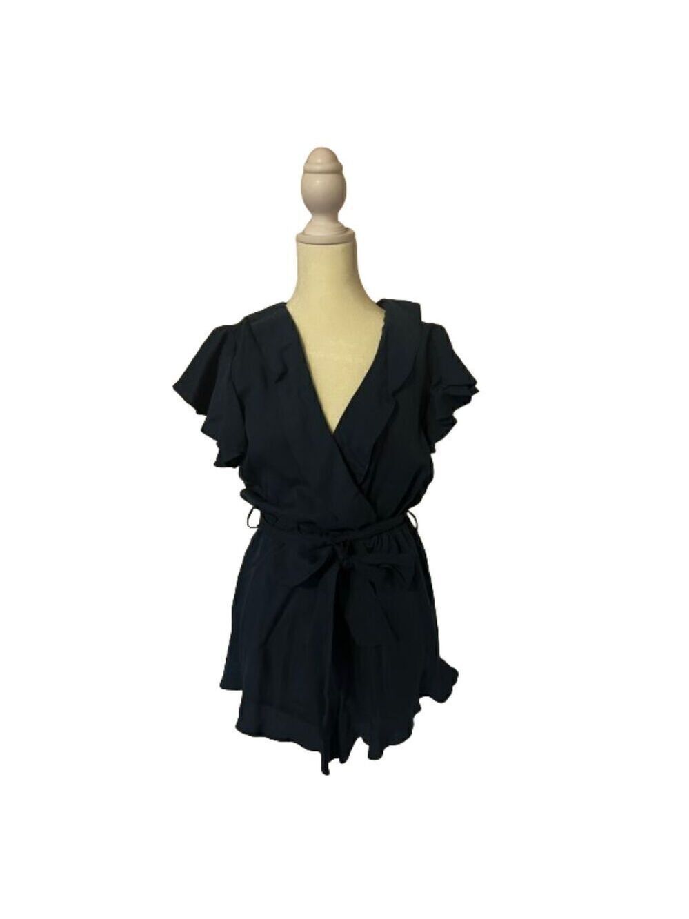 Lovers + Friends Ruffle Romper Cross Neck Navy Blue Size XS